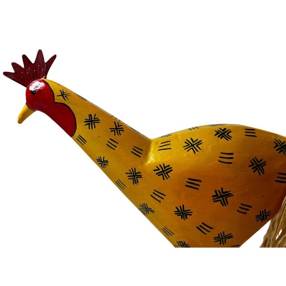 Handcrafted Wooden Yellow Decorative Rooster With Raffia Tail & Black Base Stand - Picture 4 of 10